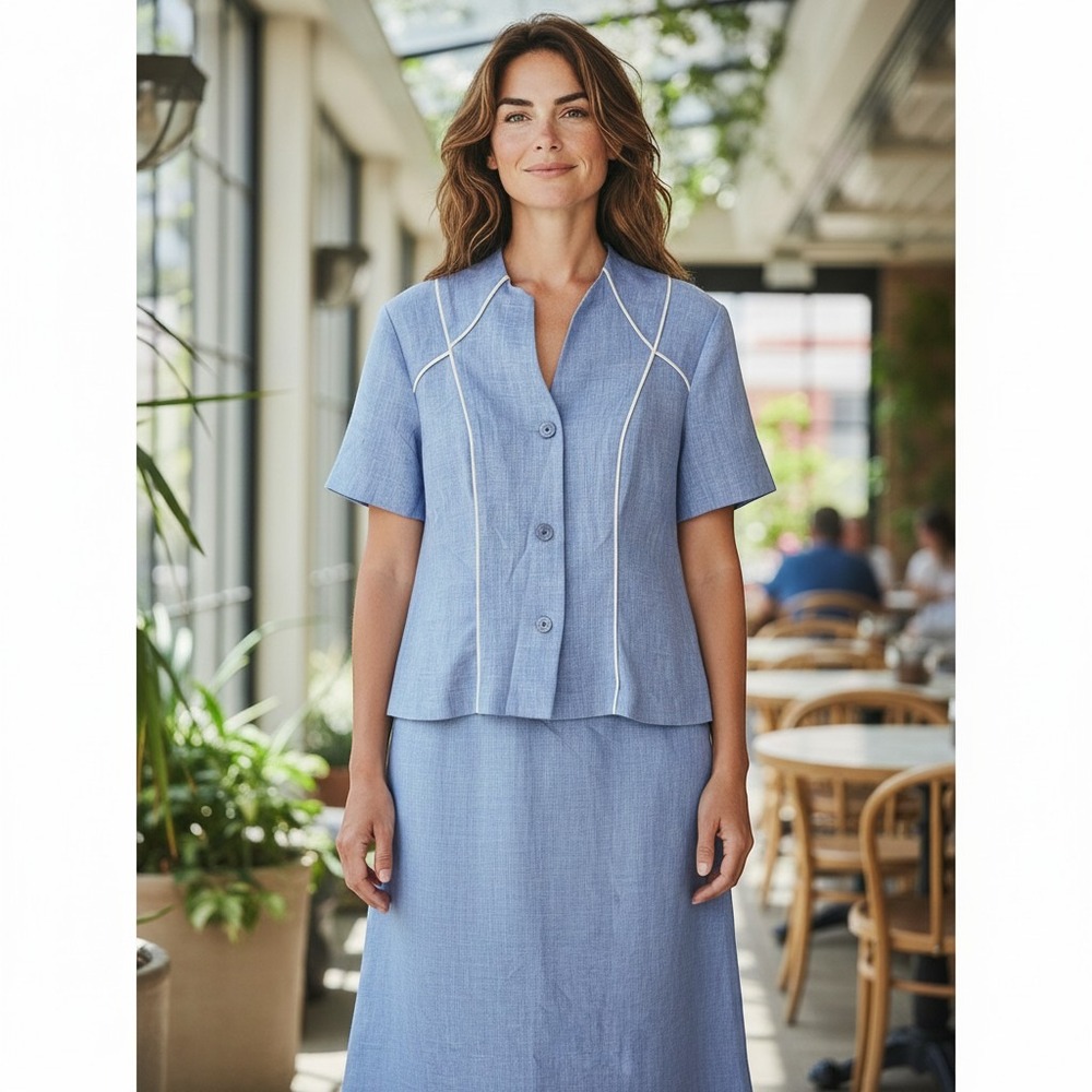 Spago Collection Skirt Suit Set 10 Blue Excellent Short Sleeve Blazer Midi Skirt
